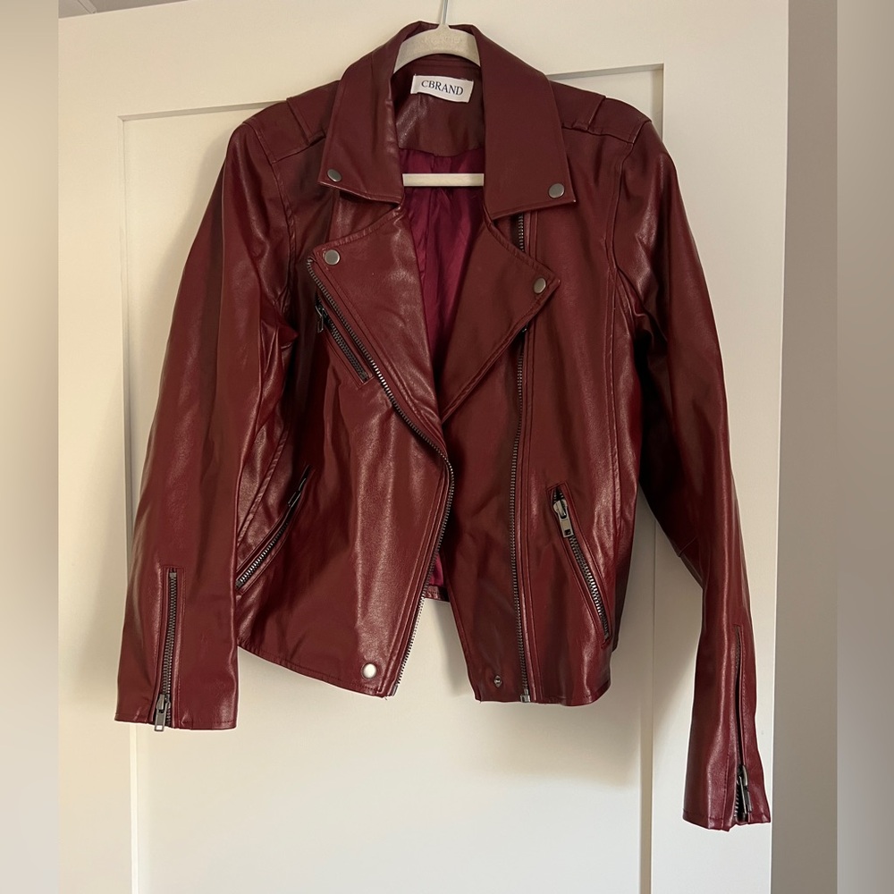 C BRAND Women's Burgundy VEGAN Leather Moto Jacket